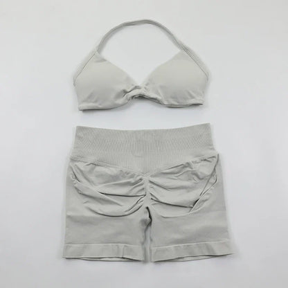 Scrunch Seamless Yoga Set Women Sportswear Ribbed Gym Shorts Strappy Sports Bra 2 Piece Set Halter Workout Clothes Fitness Suit