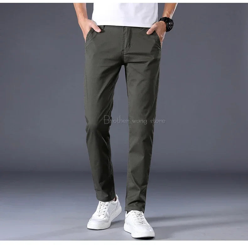 Summer Thin Men's Casual Pants Cotton 7 Colors Classic Style Elastic Straight Slim Fit Business Fashion Long Trousers Male