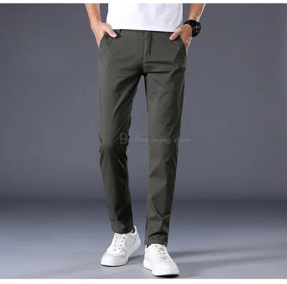 Summer Thin Men's Casual Pants Cotton 7 Colors Classic Style Elastic Straight Slim Fit Business Fashion Long Trousers Male