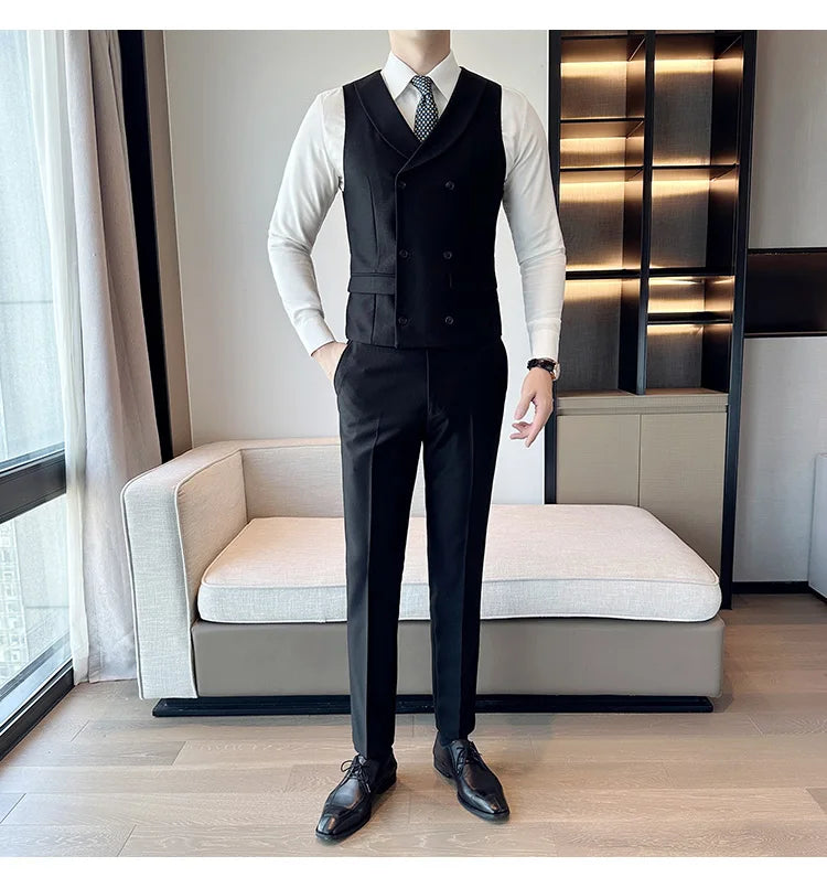 ( Vest + Pants) Men's Double-breasted Suit Vest 2 Pieces Set High Quality Business Casual Fashion Groom Wedding Dress Vest Sets