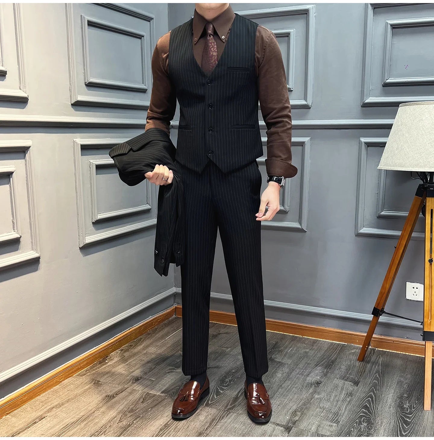 5XL-M( Vest + Pants) High-end Brand stripe Suit Vest 2 pieces Men Luxury Fashion Groom Wedding Vest Set Male Club Party Clothing