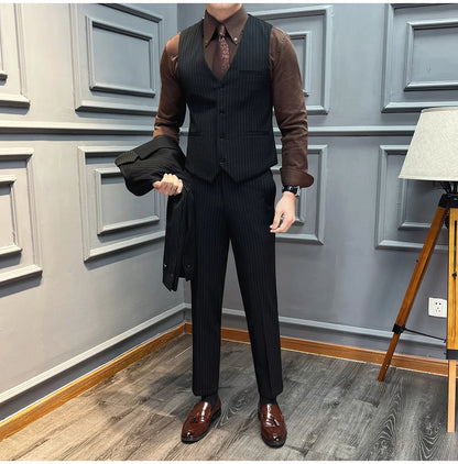 5XL-M( Vest + Pants) High-end Brand stripe Suit Vest 2 pieces Men Luxury Fashion Groom Wedding Vest Set Male Club Party Clothing