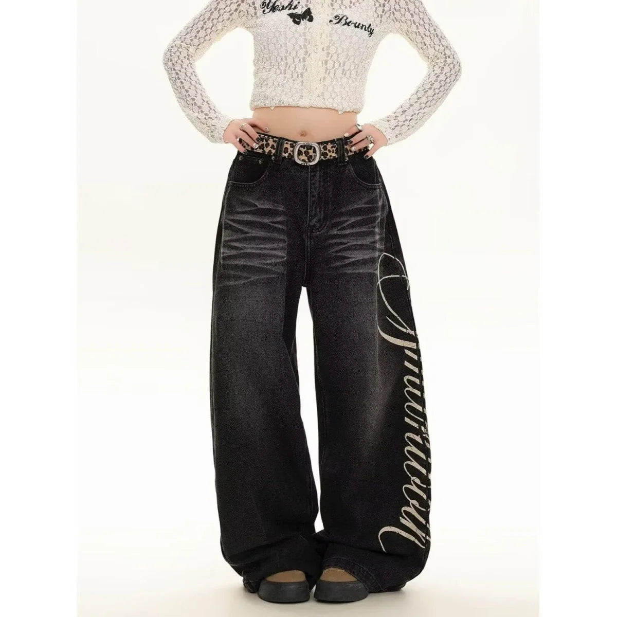 Blue Loose Wide Leg Jeans Women's Fashion High Waist Straight Cut Casual Trousers Autumn New Style Slimming Effect Cotton Pol...