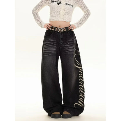 Blue Loose Wide Leg Jeans Women's Fashion High Waist Straight Cut Casual Trousers Autumn New Style Slimming Effect Cotton Pol...