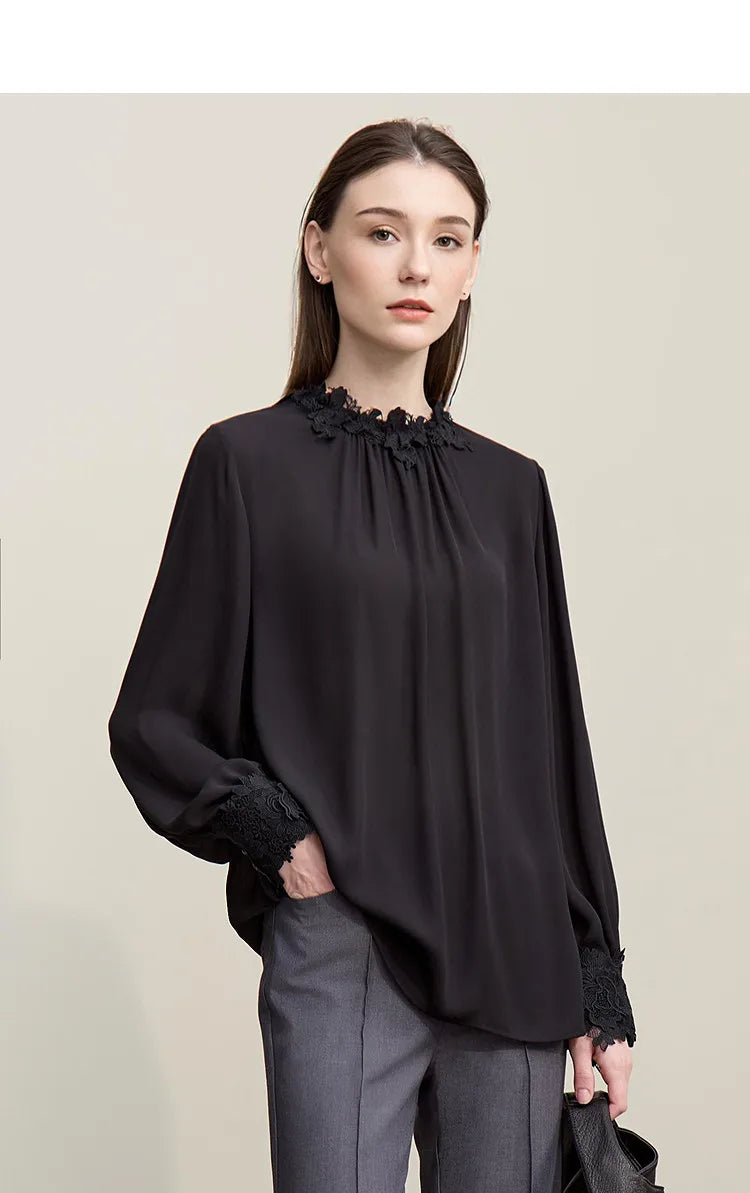 Women's Blouse 2026 Autumn New Elegant Commuter Lace Splicing Chiffon Shirt O-Neck Loose Pullover Tops For Woman 12621067