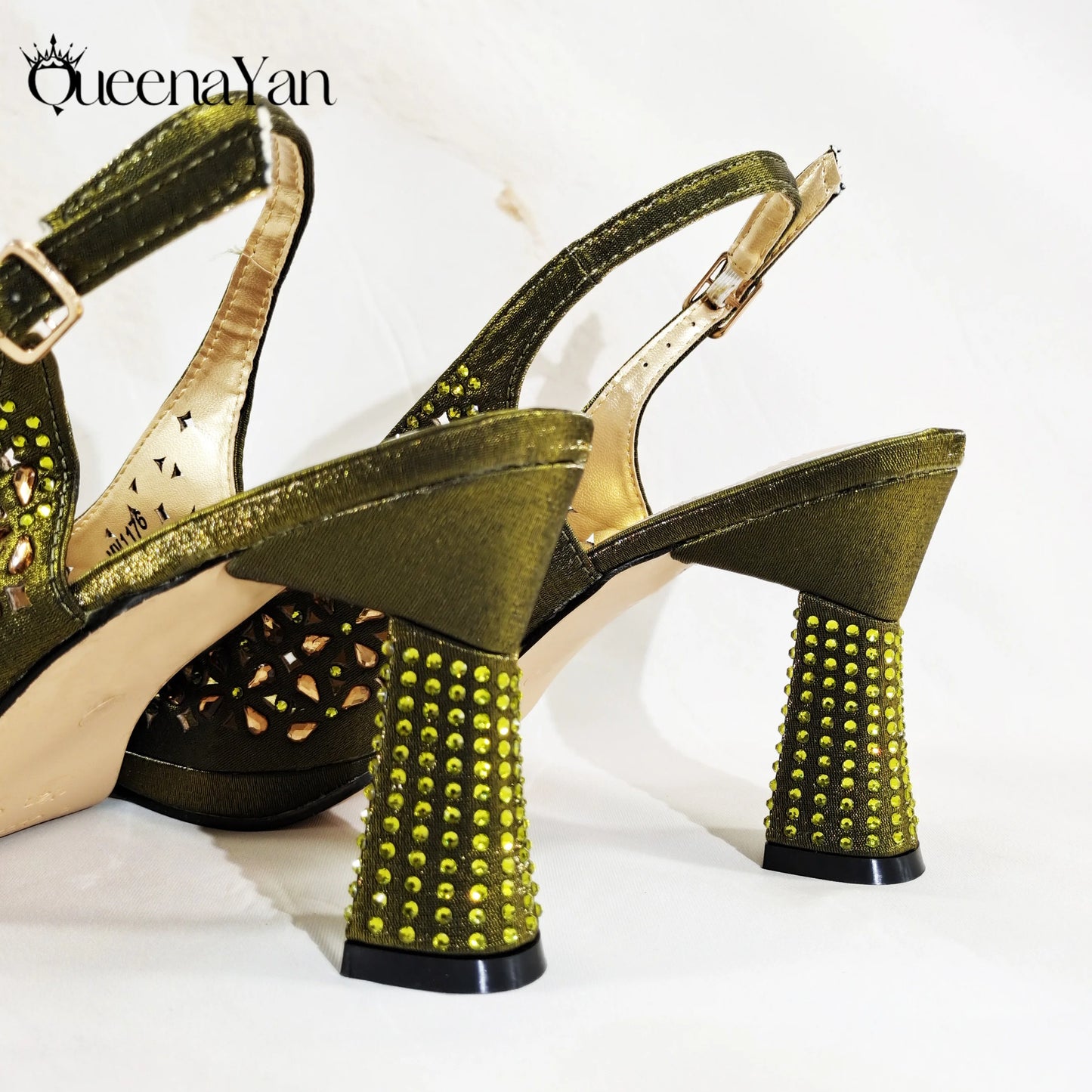 2025 Elegant Women's Peep-Toe Heels and Matching Olive Color Diamond Pumps Set Stylish Italian Shoes and Bags for Parties