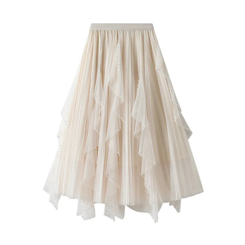 Women's Lotus Leaf Edge A Line Fairy Elastic Waist Tulle Skirt Midi High Waist Mesh Dress Solid Color Irregular Yarn Skirt D8808