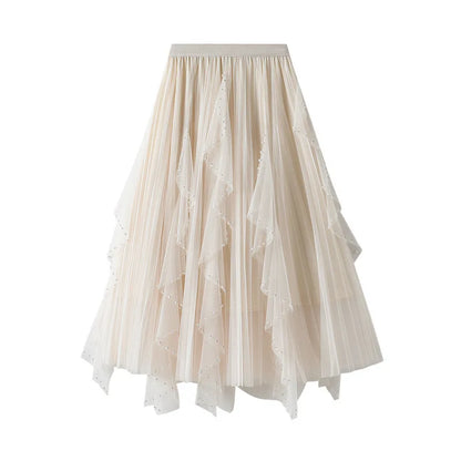 Women's Lotus Leaf Edge A Line Fairy Elastic Waist Tulle Skirt Midi High Waist Mesh Dress Solid Color Irregular Yarn Skirt D8808