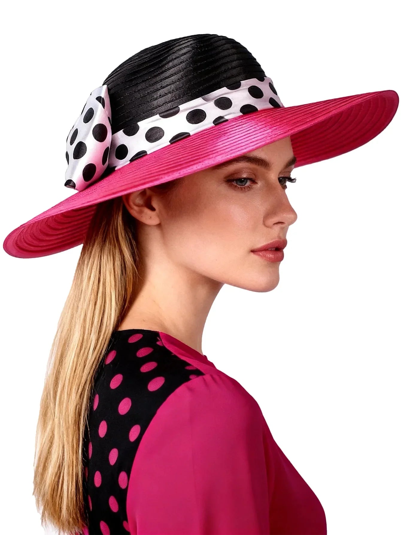 Elegant Women Wide Brim Rose Black Patchwork Polka Dots Kentucky Hat For Wedding Party Hat Big Bowknot Fedora Beach Cap