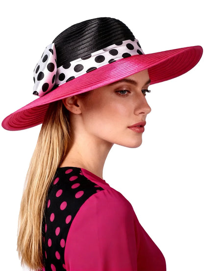 Elegant Women Wide Brim Rose Black Patchwork Polka Dots Kentucky Hat For Wedding Party Hat Big Bowknot Fedora Beach Cap