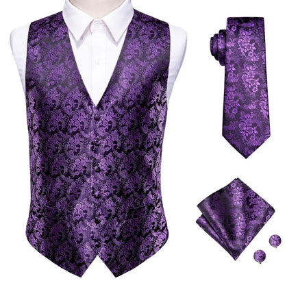 Mens Vests Tie Sets V-Neck Grey Red Purple Blue Green Pink Black Waistcoat Hanky Cufflinks Wedding Business Designer