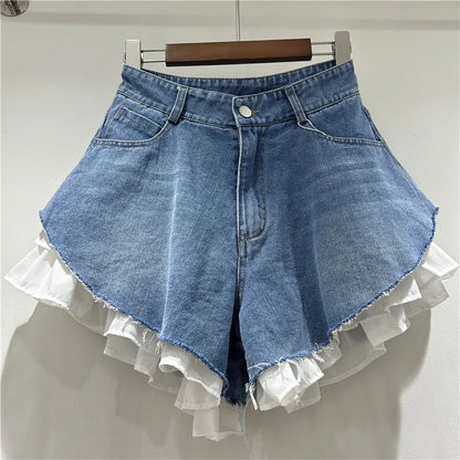 New Fashion Women's Patchwork Hem Wash Denim Shorts 2025 Summer Trendy High Waist A-line Short Pants Female 1LS1393