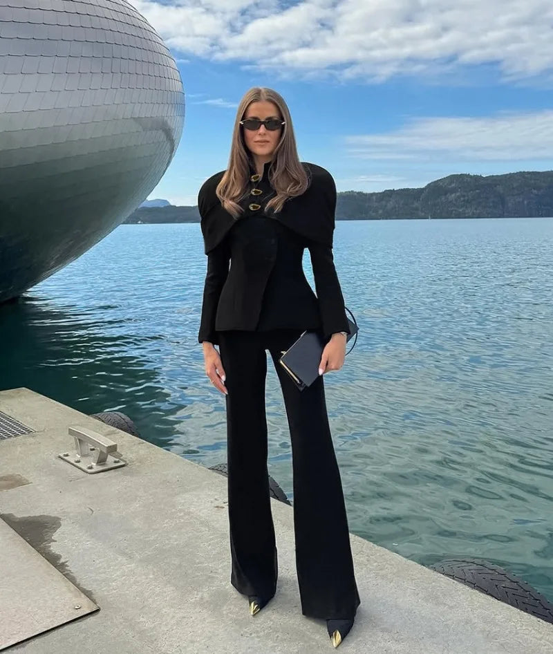 Black Elegant Blazer For Women 2025 Autumn Fashion Gold Buttons Patchwork Jacket Coat Party Vintage Commuter Suit Jacket