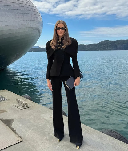 Black Elegant Blazer For Women 2025 Autumn Fashion Gold Buttons Patchwork Jacket Coat Party Vintage Commuter Suit Jacket