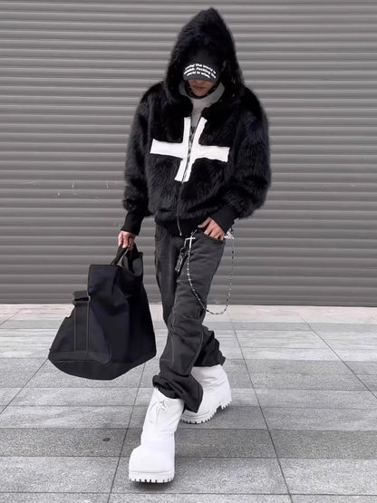 Winter Short Cool Warm Soft Hairy Faux Fur Coat Men with Hood Rivet Luxury Designer Punk Style Clothes Fluffy Jacket