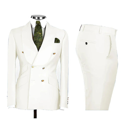 Lvory Shawl Lapel 2 Piece Suit Double Breasted Men's Jacket Pants with Gold Buttons Formal Wedding Groom Attire Prom Tuxedos