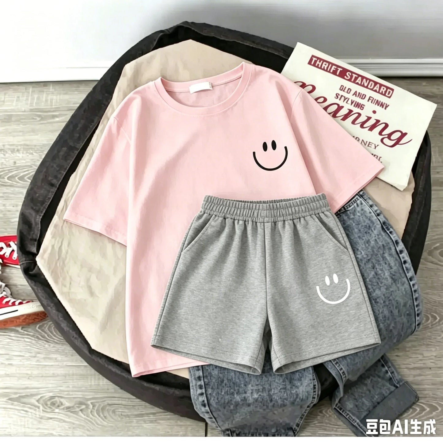 2026 New Summer Smiling Face Print Kids T-shirt Set Short-sleeved Pure Cotton Loose Basic Versatile Cool Simple Kids Outfit Tops