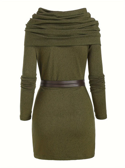 European and American Fashion Women's Temperament Commuter Pile Collar Solid Color Knitted Dress