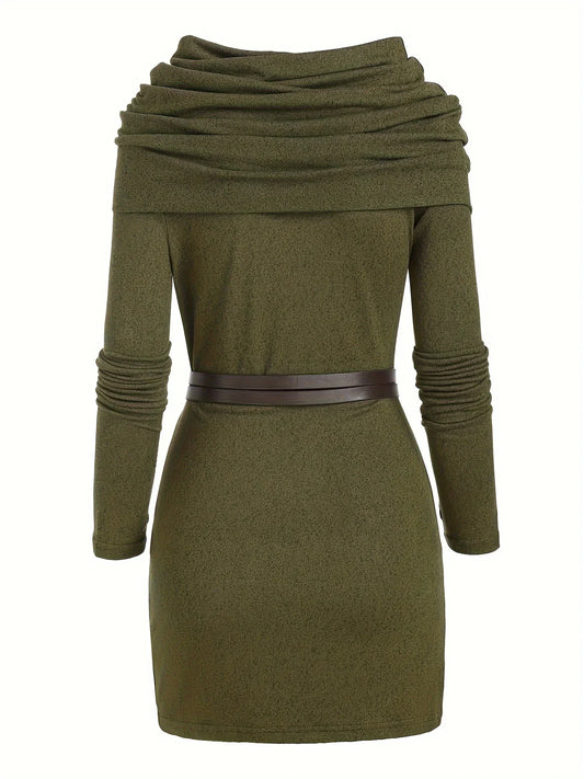 European and American Fashion Women's Temperament Commuter Pile Collar Solid Color Knitted Dress