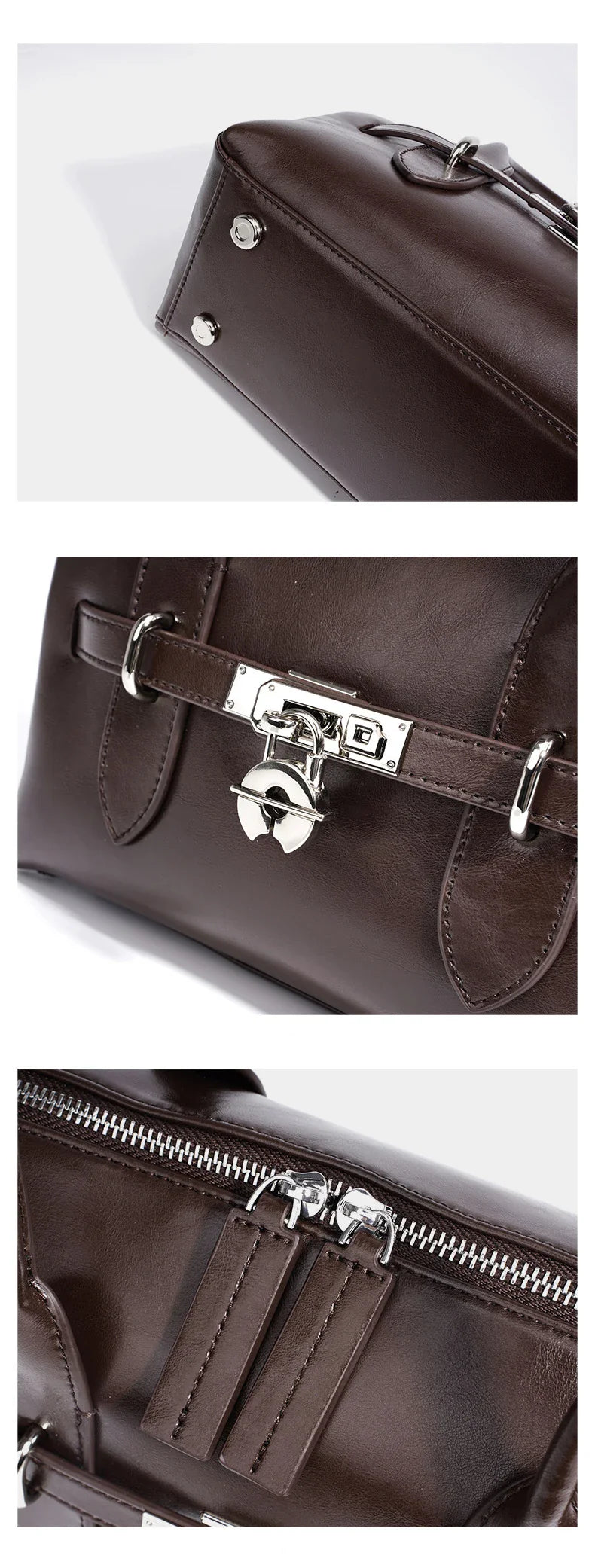 2025 Fall Winter New Top Grain Leather Spacious Boston Bag Lock Design Single Shoulder Crossbody Pack Women Commuting Handbag