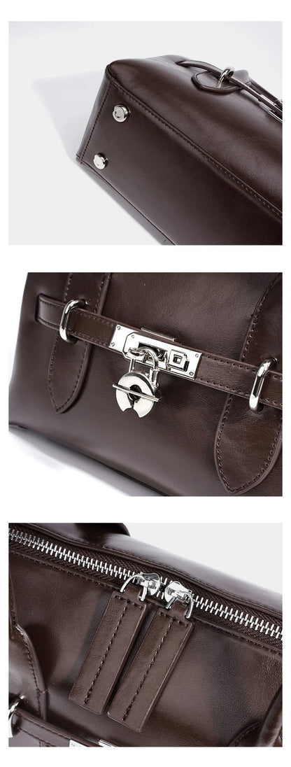 2025 Fall Winter New Top Grain Leather Spacious Boston Bag Lock Design Single Shoulder Crossbody Pack Women Commuting Handbag