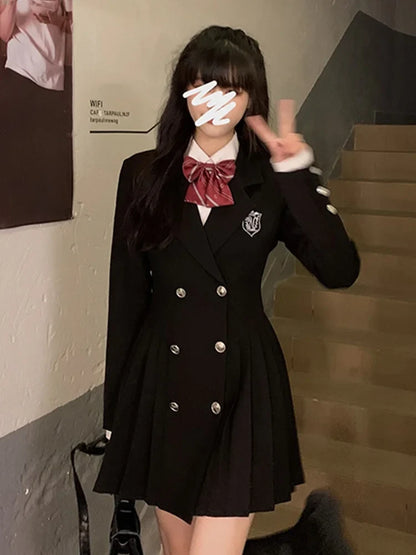Sweet Style Suit Dress Korean Drama Main Character Waist Cinched Beautiful  Skirt College Style High Waist Double Breaste...
