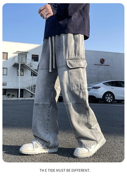 2025 new men's cement grey work jeans Y2K street hip-hop large pocket wide-leg straight jeans trousers jogging black light blue