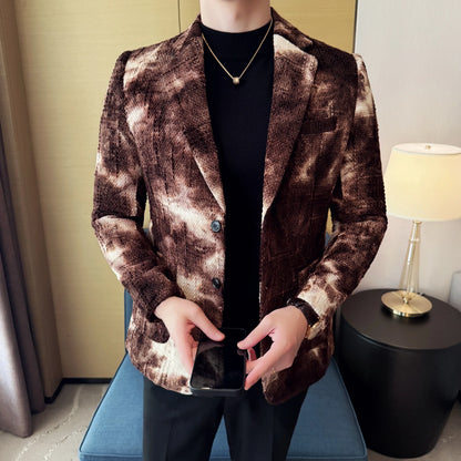 High QualityTie Dye Chenille Men Fashion Casual Suit Jacket Autumn Winter New Korean Slim Fit Social Wedding Suit Blazer