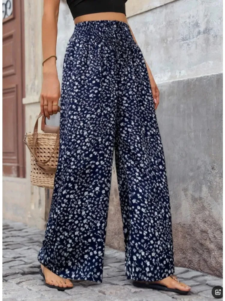 Women Fashion Plus Size 1XL-5XL Floral Print Wide Leg Pants Female Casual  Elegant Drawstring High Waisted Loose Long Trousers