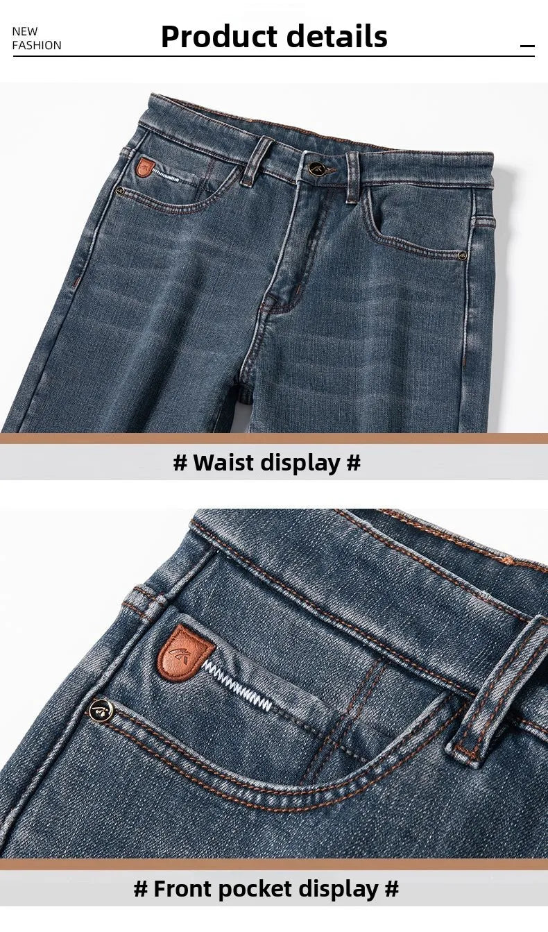 Winter Warm Men's Jeans Fleece Thickened Elastic Smoke Gray Black Business Straight Casual Denim Pants Brand Man PlushClothes
