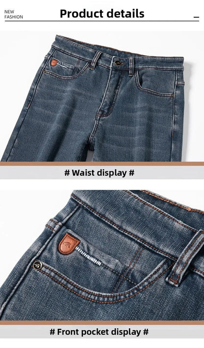 Winter Warm Men's Jeans Fleece Thickened Elastic Smoke Gray Black Business Straight Casual Denim Pants Brand Man PlushClothes
