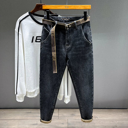 Tapered Jeans for Men's Clothing Autumn New Fashion Embroidered Korean Harem Pants Casual Stretch Black Denim Trousers