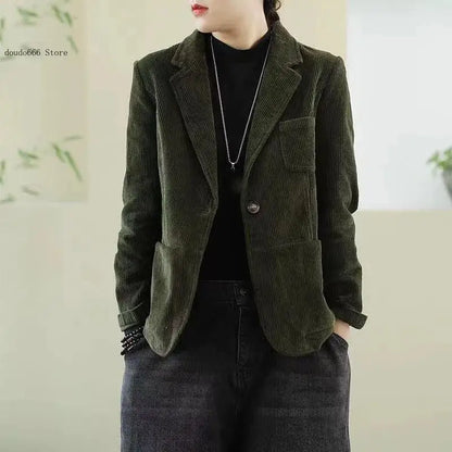 Female Loose Casual Office Ladies Spring Autumn Blazer Jacket Women Korean Long Sleeve Corduroy Suit Coat