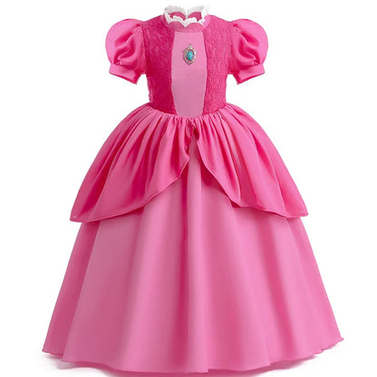Princess Peach Chiffon Lace Girls Cosplay Dress Baby Kids Vestidos Party Dresses Carnival Halloween Costume for 3-11 years