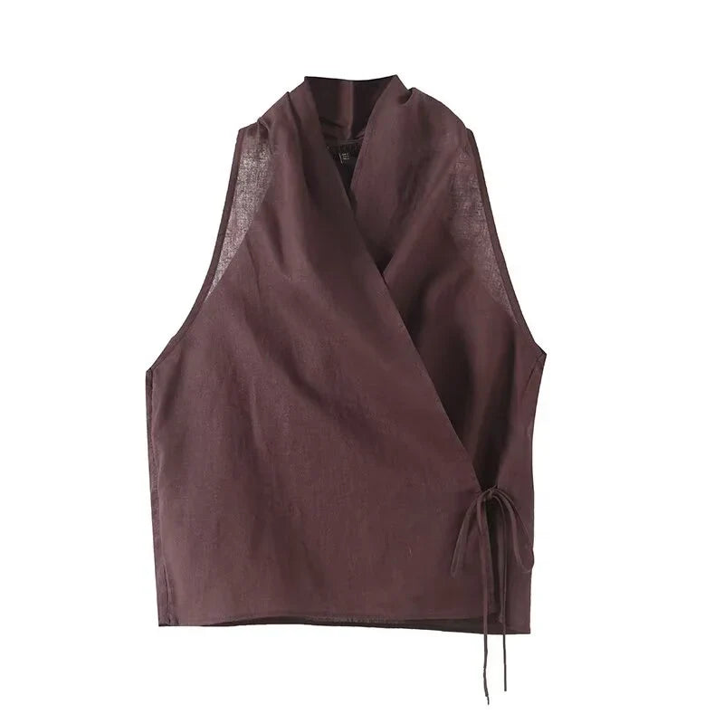 Summer Cross V Neck Women Sleeveless Tank Top Versatile Fashion Ladies Casual Coffee Crop Top