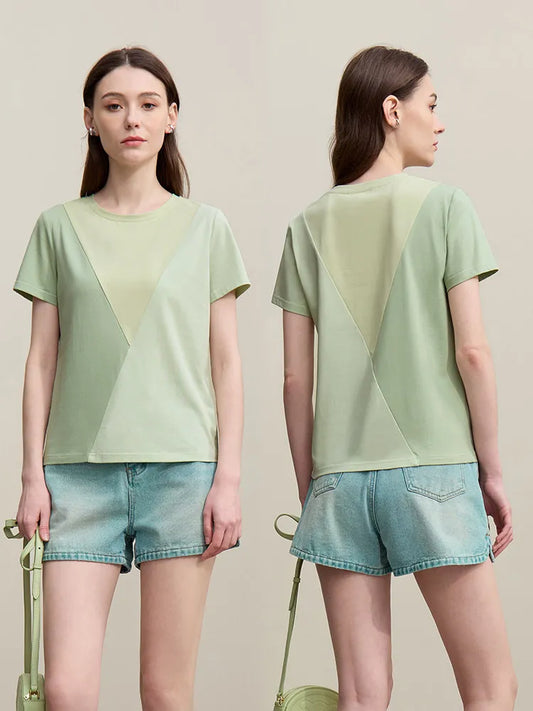 O-Neck Women's T-Shirt 2026 Summer New Stretch Cotton Tee Color Block Versatile Casual Straight Short Sleeve Tops 12622177