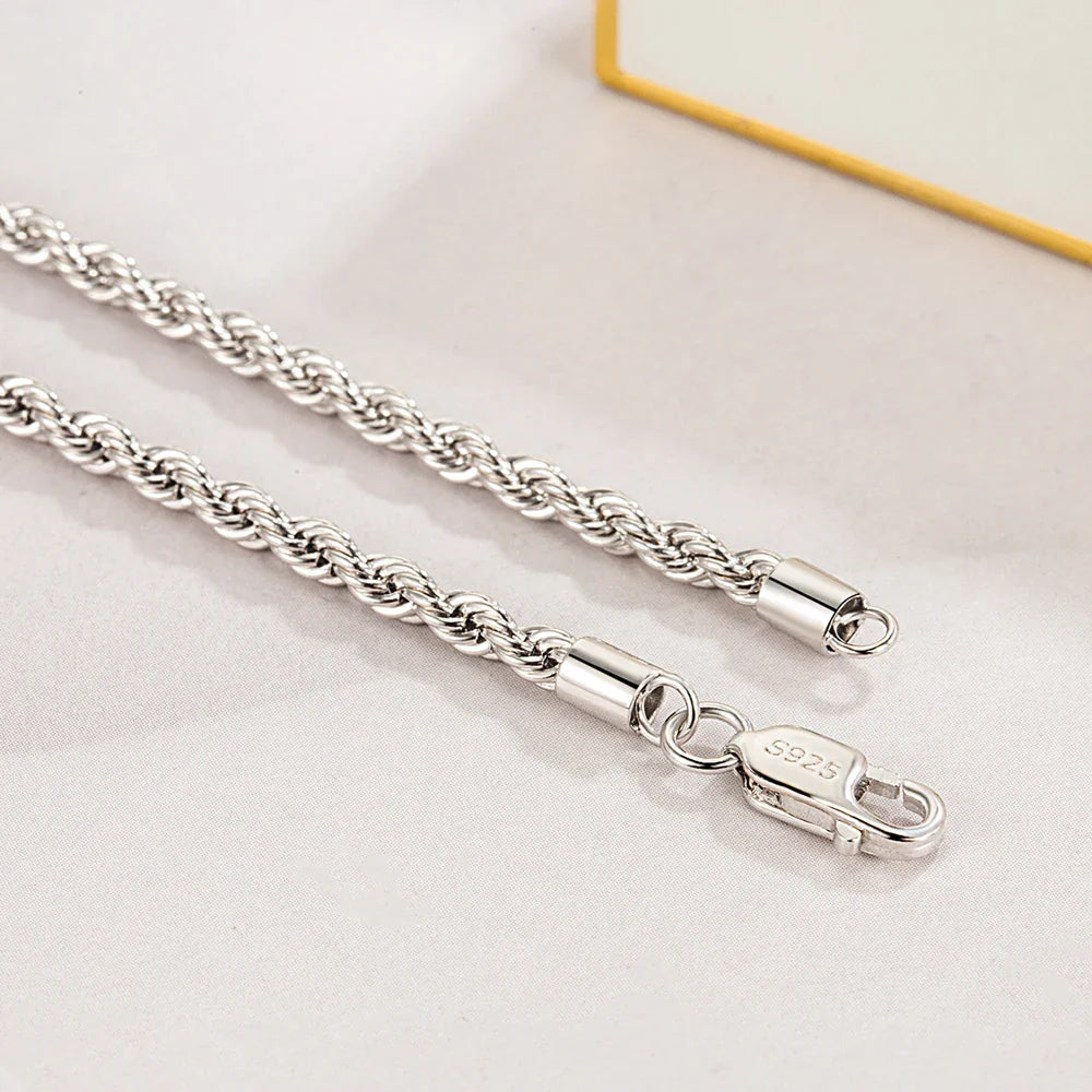 Men 100%925 Sterling Silver 3mm Twist Rope Chain Necklace Women Diamond Cut Clasp Box Chain 16-30 inch Chocker Jewelry Boy Gifts