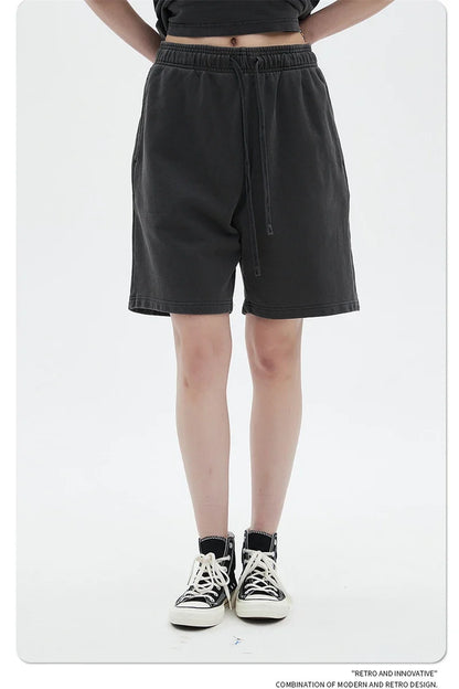 Fashion Summer Men 420gsm Washed Cotton Shorts Retro Unisex High Street Terry Knee Length Short Pants Streetwears HY0845