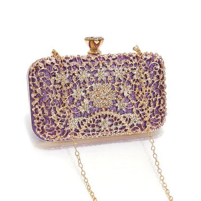 Hollow Out Style Rhinestones Golden Metal Banquet Christmas Gift Dress Purse Clutch Luxury Metal Rhinestones Evening Bags Flap P