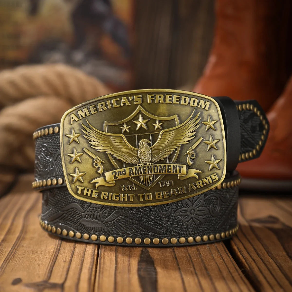 A western denim style PU material embossed belt metal plate QQ head men and women of the same daily leisure delivery punch nails