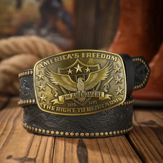 A western denim style PU material embossed belt metal plate QQ head men and women of the same daily leisure delivery punch nails