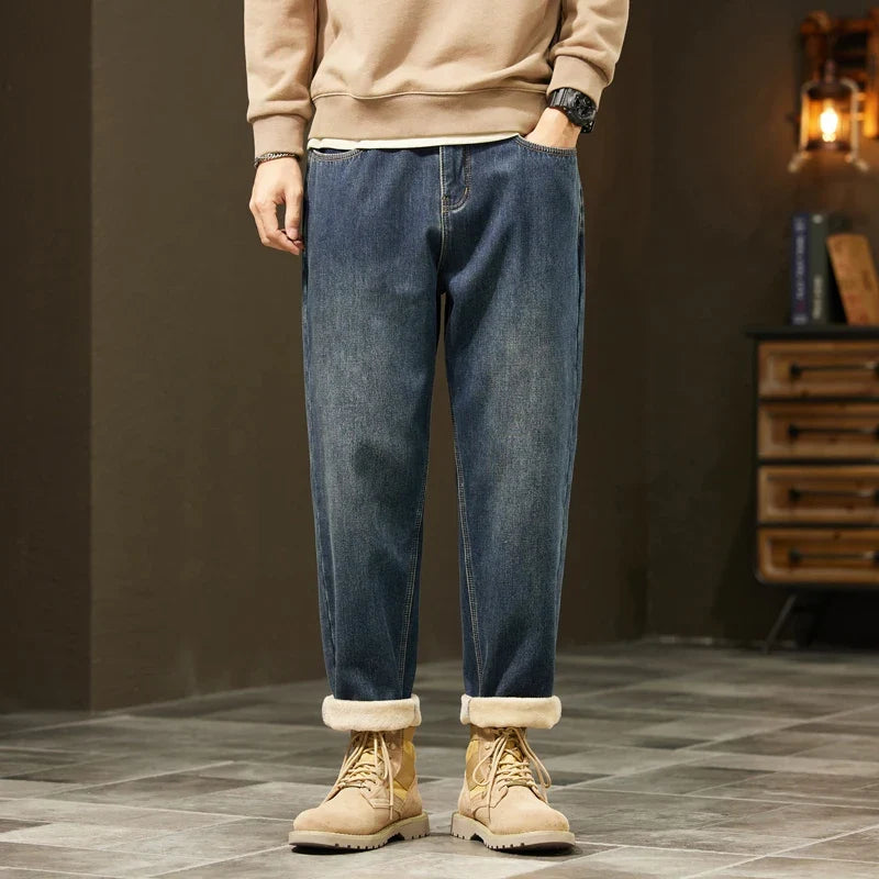 Retro Loose Winter Fleece Jeans Men's Warm Thicken Fashion Casual Denim Pants Comfortable Plush Velvet Thermal Male Trousers