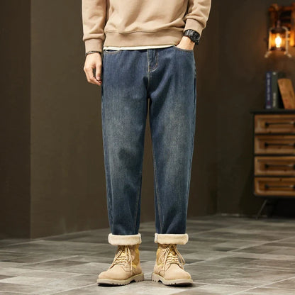 Retro Loose Winter Fleece Jeans Men's Warm Thicken Fashion Casual Denim Pants Comfortable Plush Velvet Thermal Male Trousers