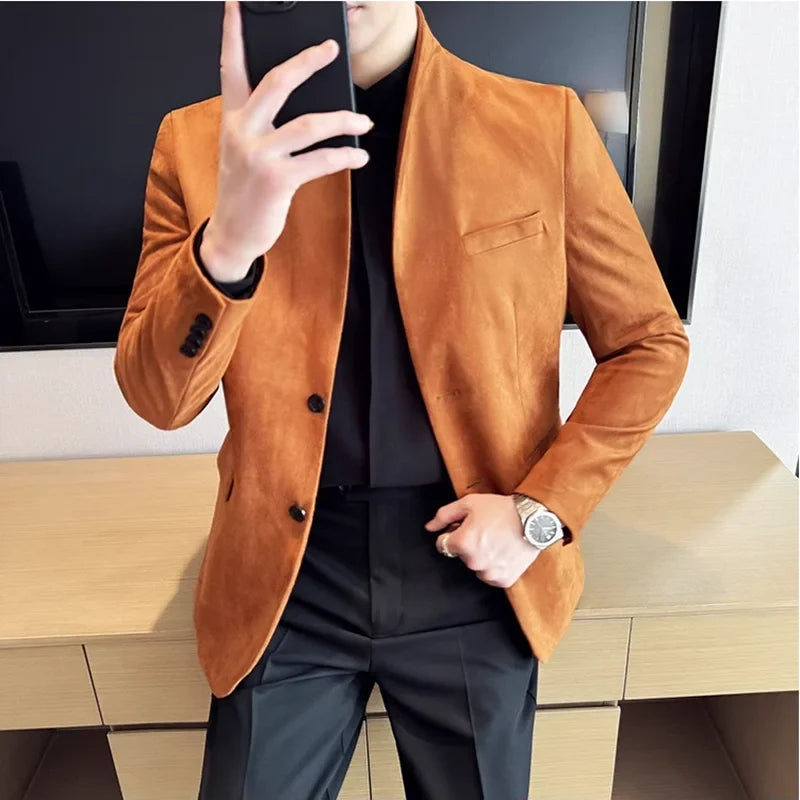 High Quality Cowhide Suede Suit Coats Men Fashion Slim Fit Stand Up Collar Business Casual Jacket Formal Groom Social Tuxedos