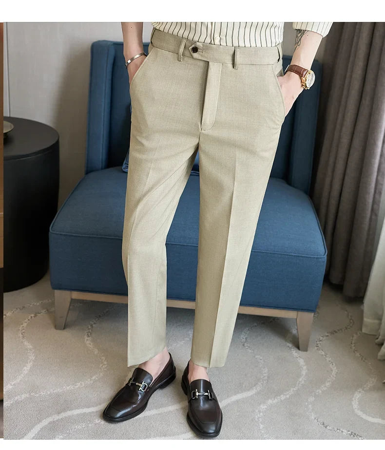 British Style Elastic Waist Men's Casual Slim Fit Trousers Summer High Quality Business Office Dress Wedding Party Suit Pants