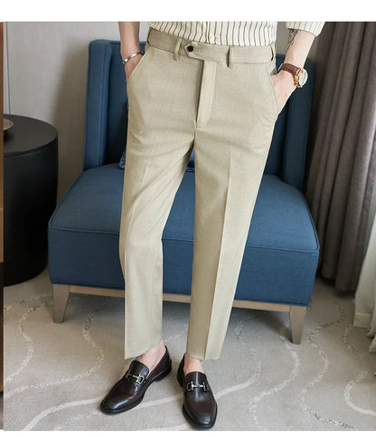 British Style Elastic Waist Men's Casual Slim Fit Trousers Summer High Quality Business Office Dress Wedding Party Suit Pants