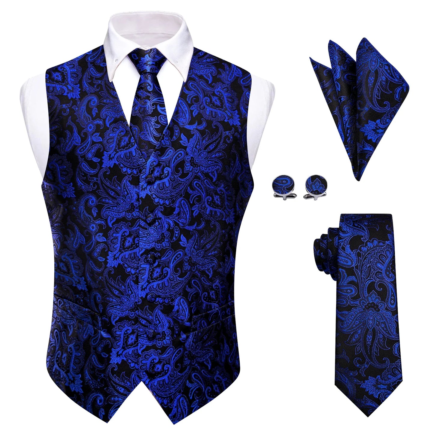 Mens Royal Blue Red Bronwn Orange Vest Tie Hanky Cufflinks Set Paisley Waistcoat Sleeveless for Male Wedding Busniess