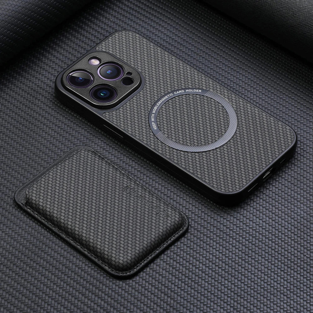 Carbon Fiber Style PU Leather for Magsafe Case for iPhone 17 Air 16 15 Pro Max 16e 14 Plus 11 12 13 Mini Cover Card Holder LM2