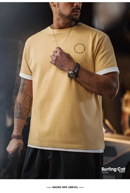 Vintage Foam Print Short Sleeves T-Shirt Men's Summer Heavyweight Yellow Cotton Tee Loose Fit Crew Neck Casual Street Tops