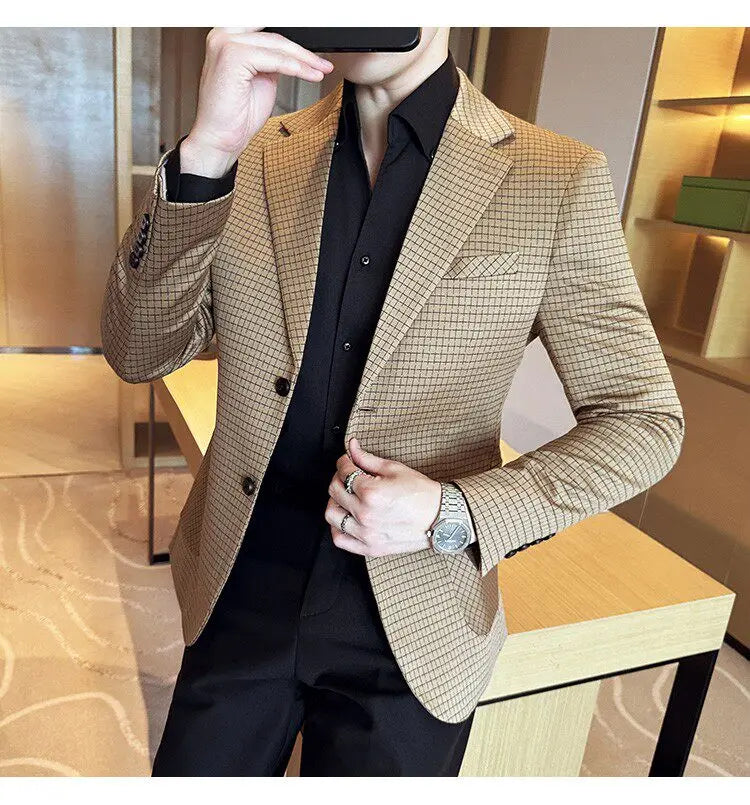 Men's Elegant Grid Suit Jacket 2026 Spring New Fashion Slim Blazer Jackets Social Prom Dress Jacket Men's High Quality Clothing